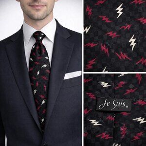 Je Suis Lightning Bolt Silk Necktie Black Red White Novelty Tie Vintage